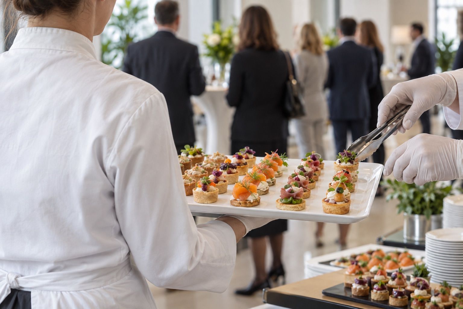 Cocktail debout dans un hall de bureaux, serveur portant un plateau, convives flous.
