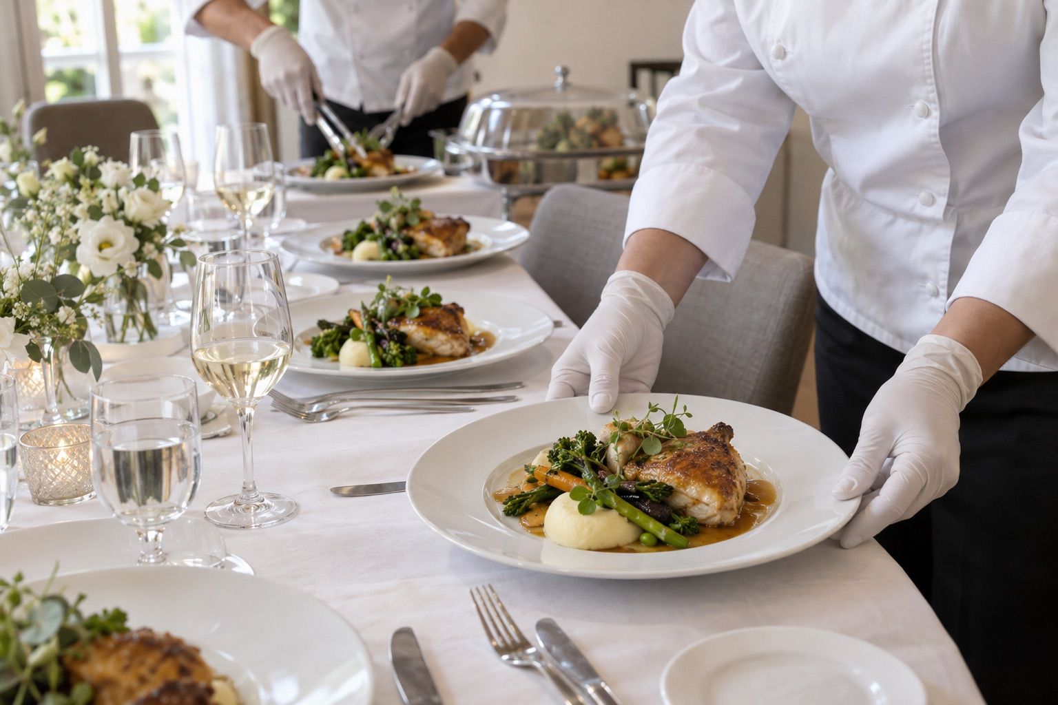 Plat principal de mariage sur longue table, serveur en gants blancs posant les assiettes par leur bord.