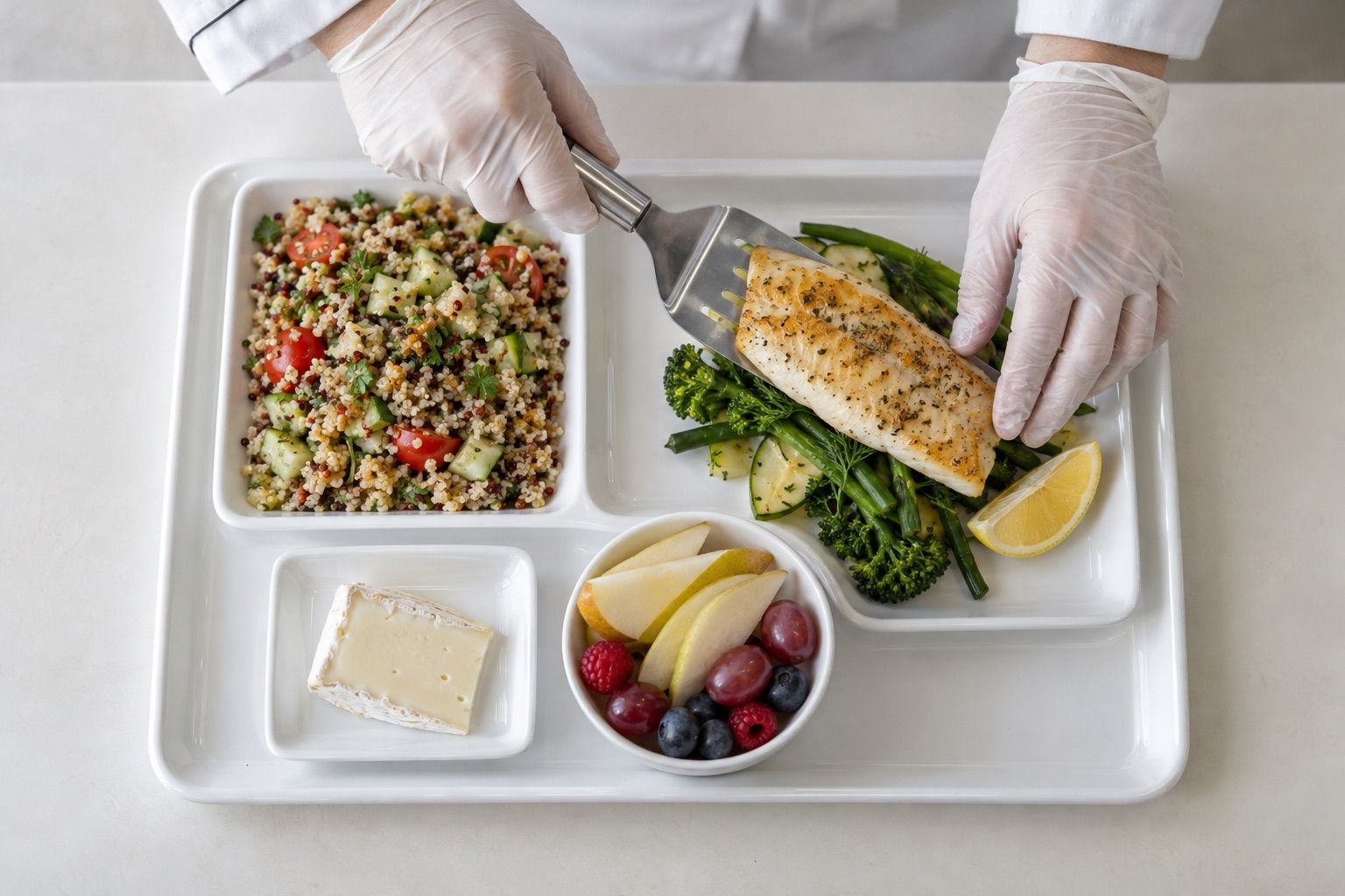 Vue de dessus d’un plateau-repas avec salade de céréales, poisson, fromage et fruits.