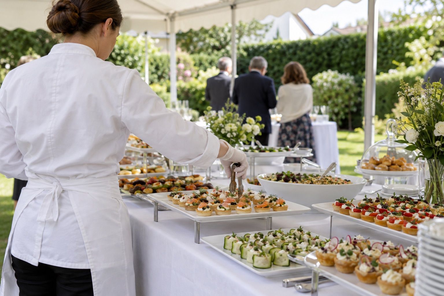 Buffet de réception dans un jardin sous une tente, serveur en tablier tenant une pince.