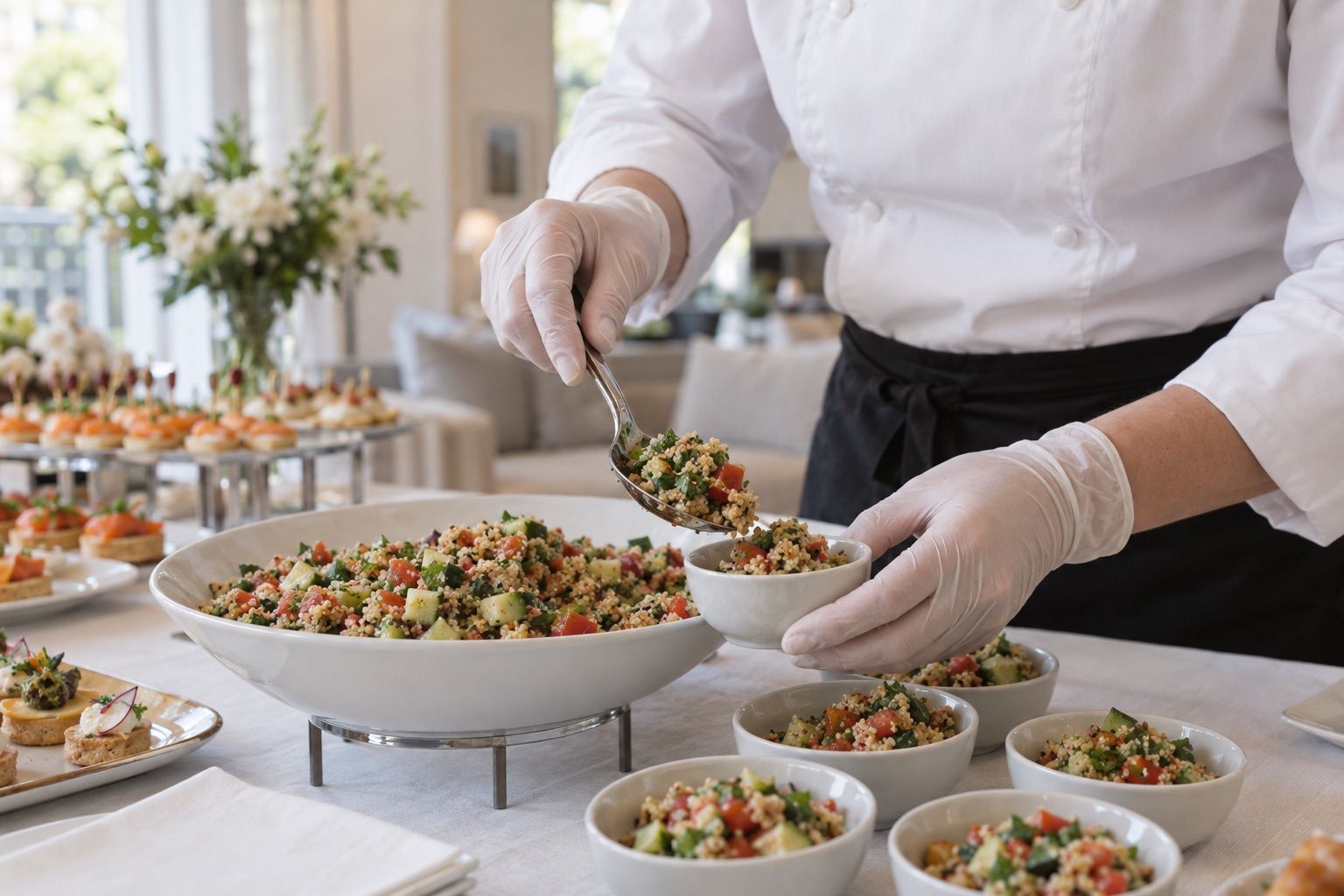 Chef portant des gants répartissant une salade de quinoa dans des bols.